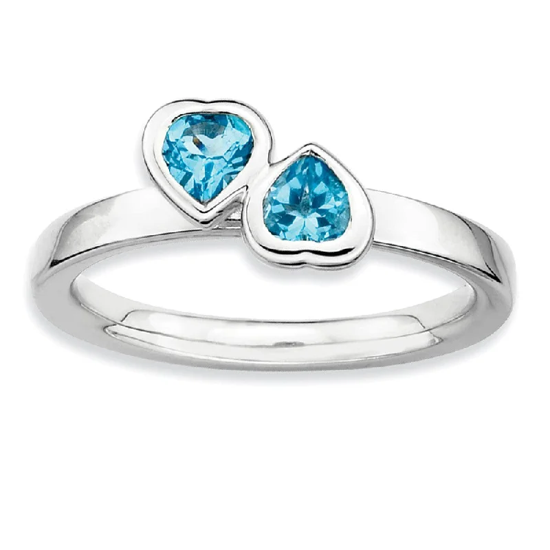 Modern Wedding Rings-Sterling Silver Stackable Double Heart Blue Topaz Ring