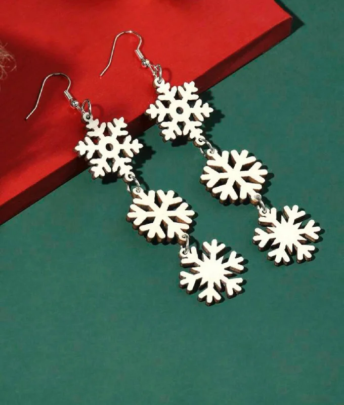 Round Drop Earrings-Wooden Snowflake Drop Earrings