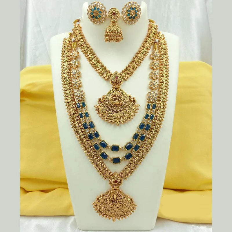 Customizable Gold Choker Necklaces-Fs Collection Gold Plated Crystal Stone Temple Long Necklace Combo Set