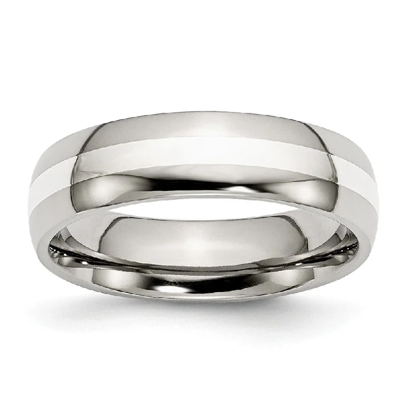 Silver Engagement Rings-Stainless Steel & Sterling Silver Inlay, 6mm Unisex Comfort Fit Band