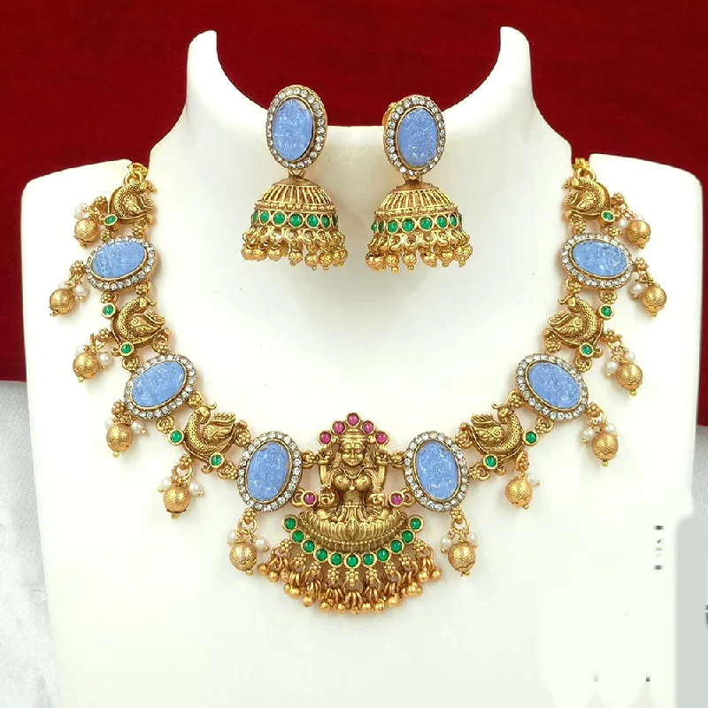 Silver Gemstone Necklaces-FS Collection Gold Plated Austrian Stone Temple Necklace Set