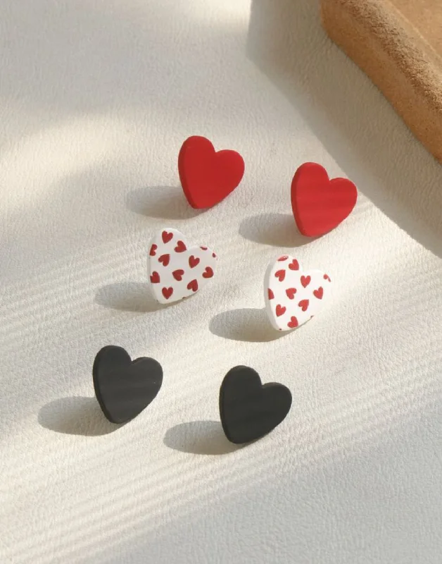 Colorful Earrings for Women-Charming Heart Trio Set: Red, White, and Black Stud Earrings