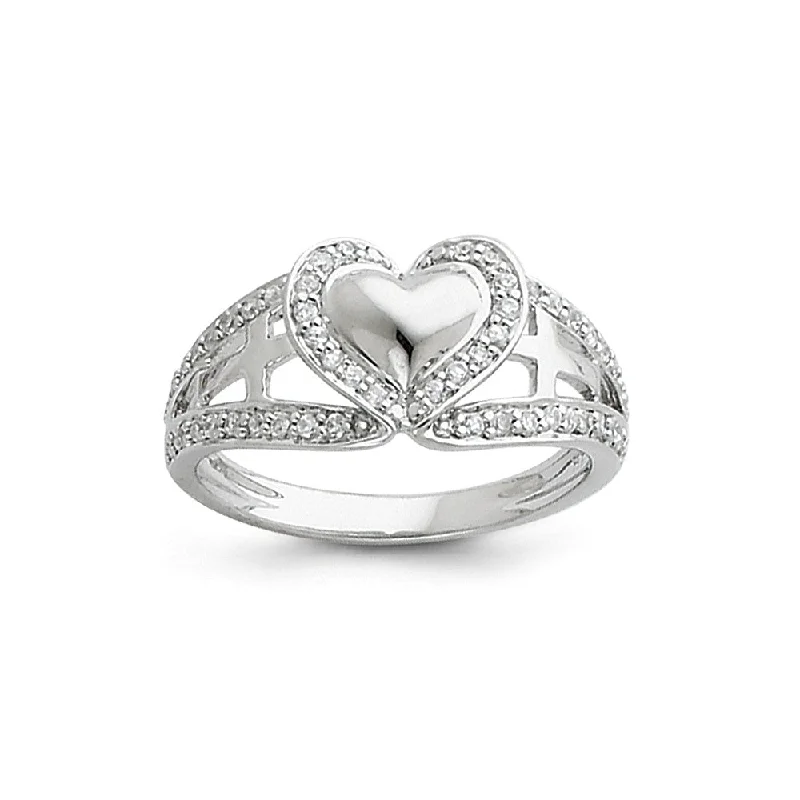 Adjustable Wedding Rings-Rhodium Plated Sterling Silver & CZ Pure Heart Tapered Ring