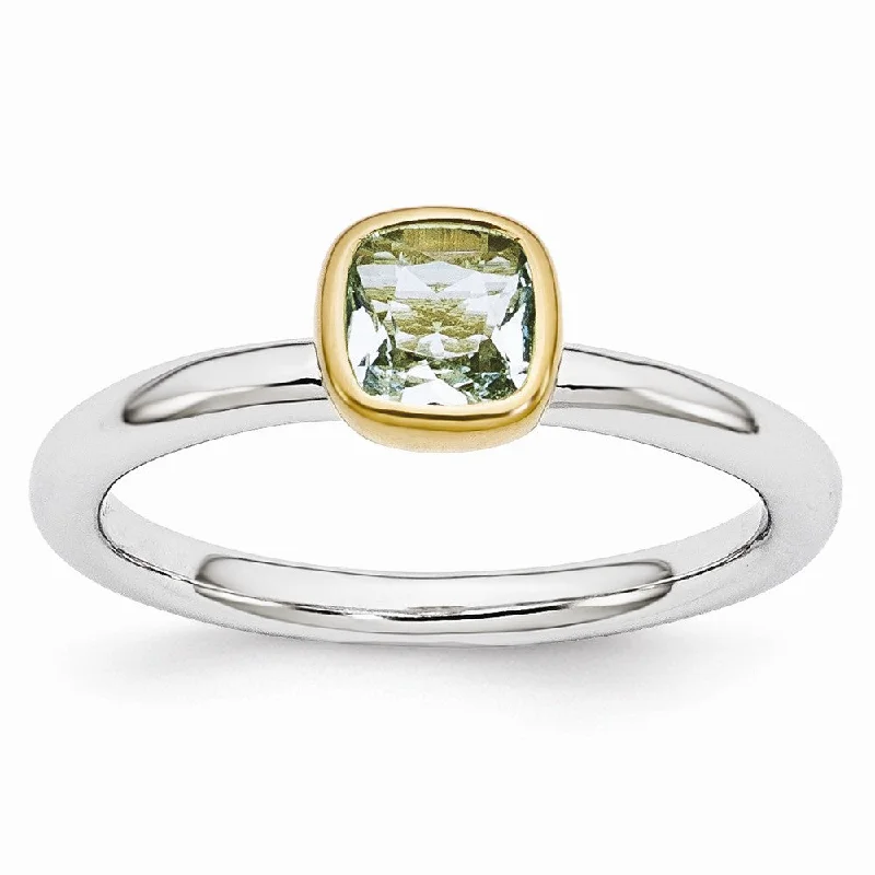 Men’s Gold Rings-Two Tone Sterling Silver Stackable 5mm Cushion Aquamarine Ring