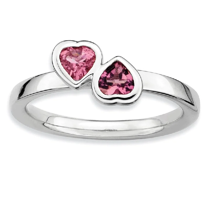 Fashionable Statement Rings-Sterling Silver Stackable Double Heart Pink Tourmaline Ring