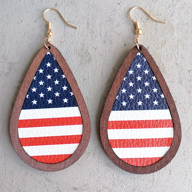 Unique Wedding Stud Earrings-Beautiful Wooden American Flag Drop Earrings