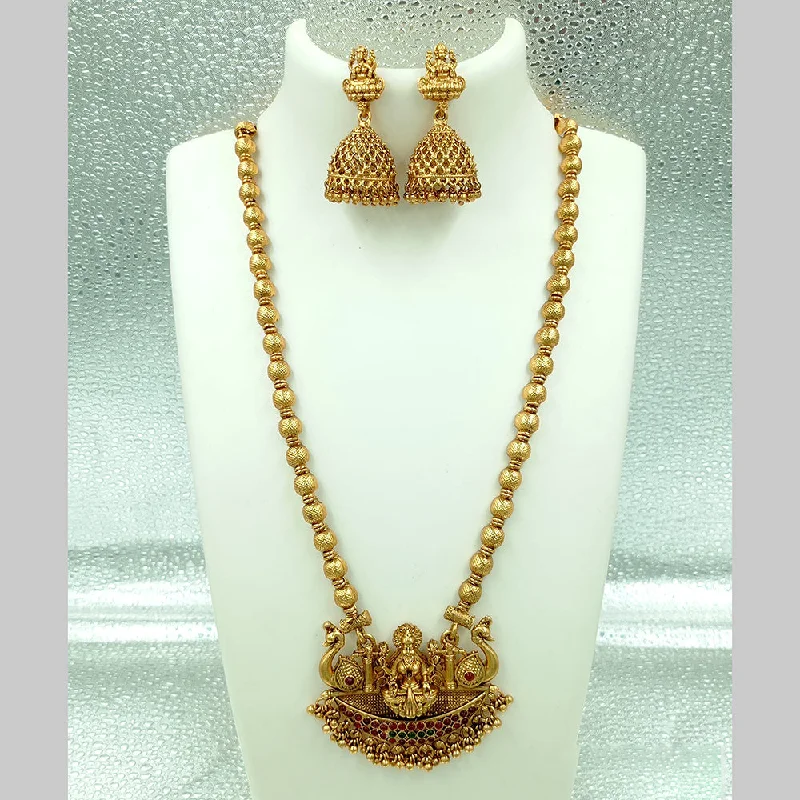 Unique Choker Necklaces-Joyful Jewel Art Matte Gold Plated Pota Stone Temple Long Necklace Set