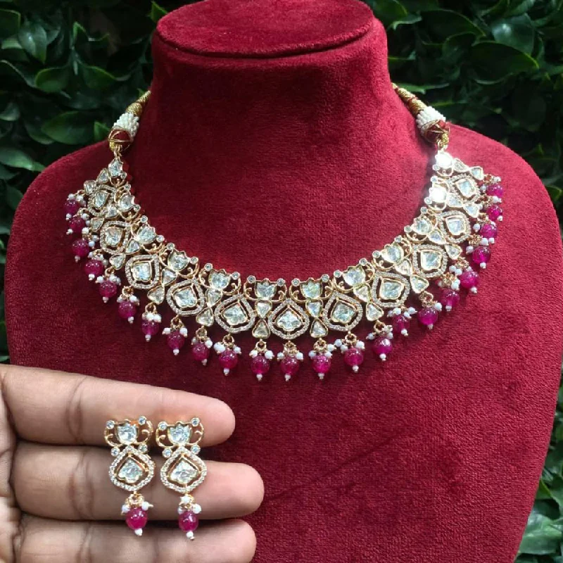 Trendy Personalized Necklaces-Royal Kundan Jewellery Gold Plated Ad Stone Necklace Set