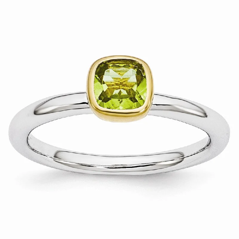 Beautiful Solitaire Rings-Two Tone Sterling Silver Stackable 5mm Cushion Peridot Ring