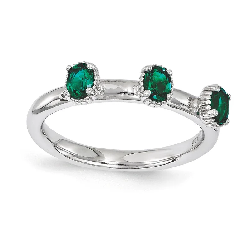 Trendy Rings for Men-Sterling Silver Stackable Created Emerald Oval Three Stone Ring