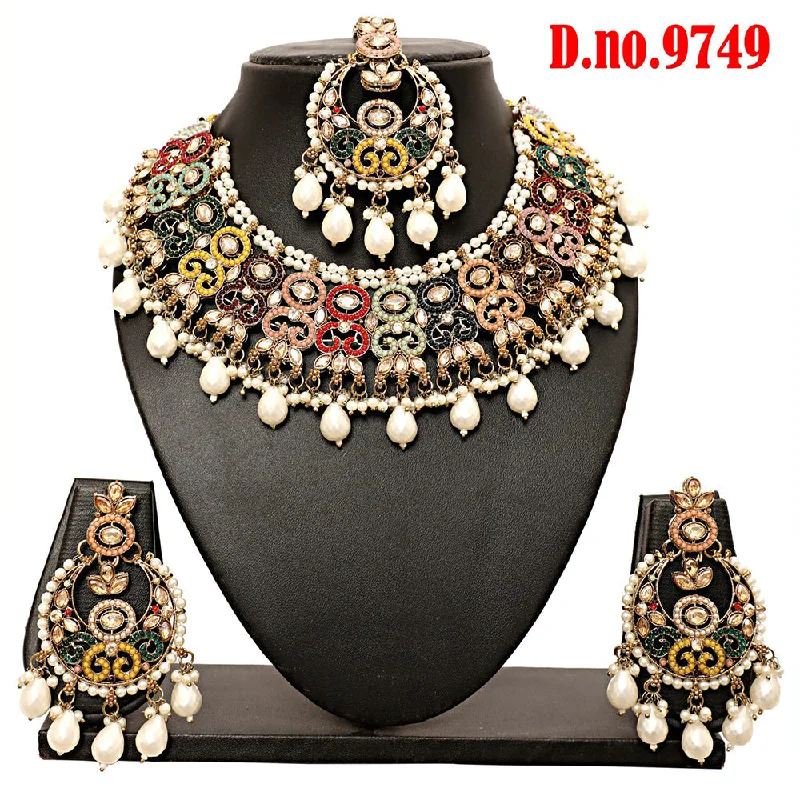 Birthstone Necklaces-Rudraksh Art Gold Plated Crystal Stone Pearls And Beads Necklace Set