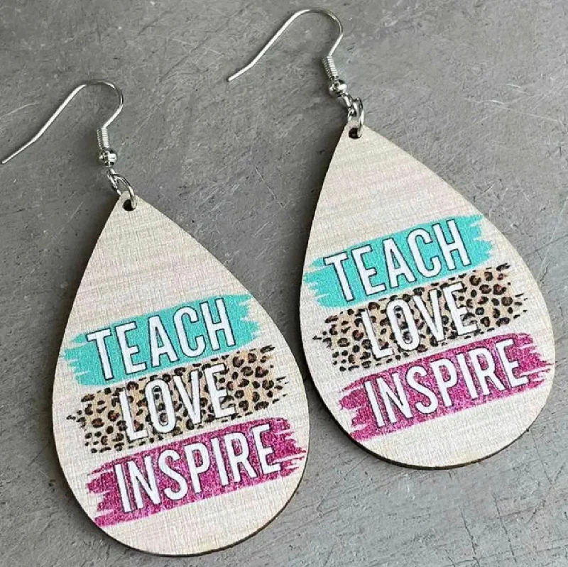 Gold Gemstone Earrings-"Teach, Love, Inspire" Wooden Teacher Earrings