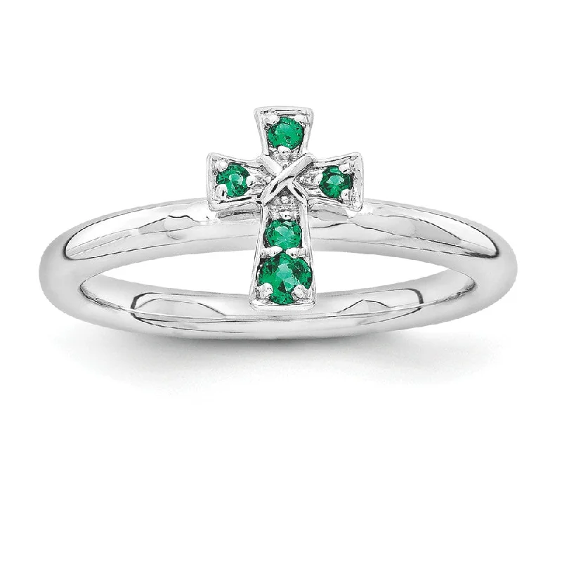 Men’s Statement Rings-Rhodium Sterling Silver Stackable Created Emerald 9mm Cross Ring