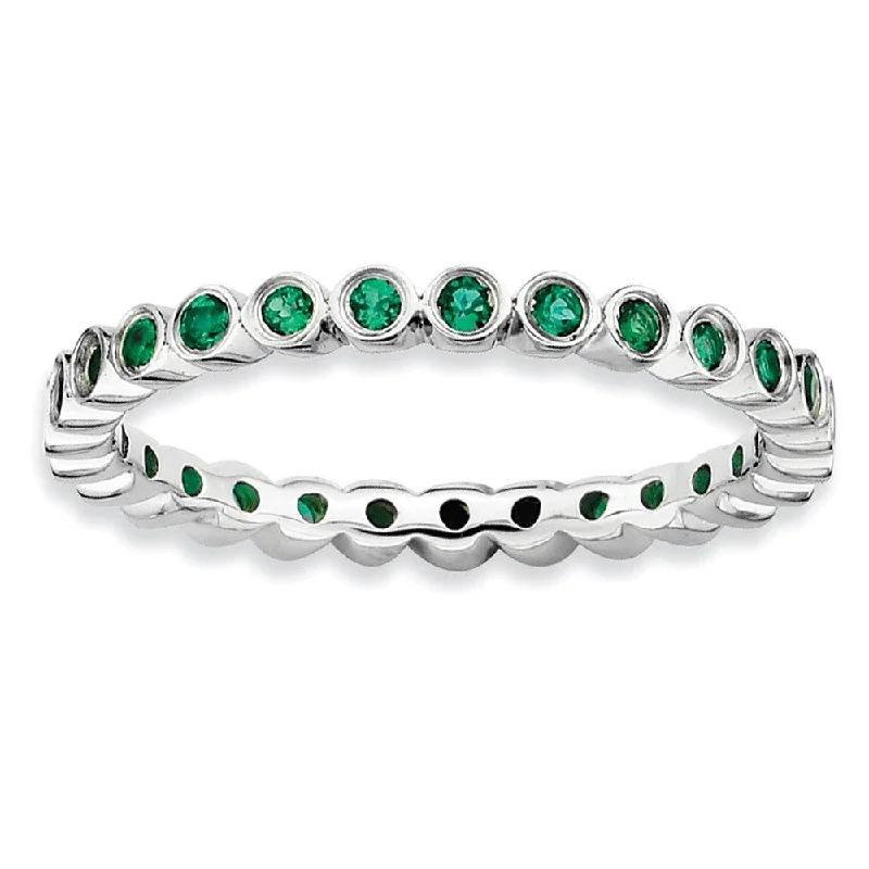 Handcrafted Wedding Bands-Sterling Silver Stackable Bezel Set Created Emerald 2.25mm Band