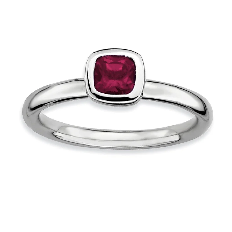 Sparkling Wedding Ring Sets-Silver Stackable Cushion Cut Rhodolite Garnet Solitaire Ring