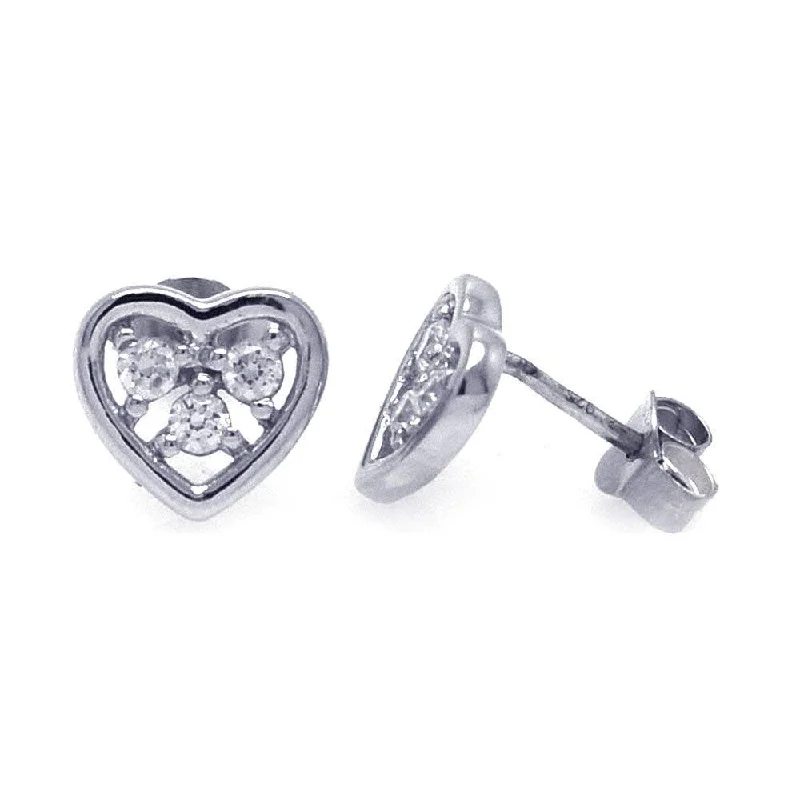 Classic Stud Earrings-Silver 925 Rhodium Plated Three Clear Round CZ Heart Post Earrings - STE00700