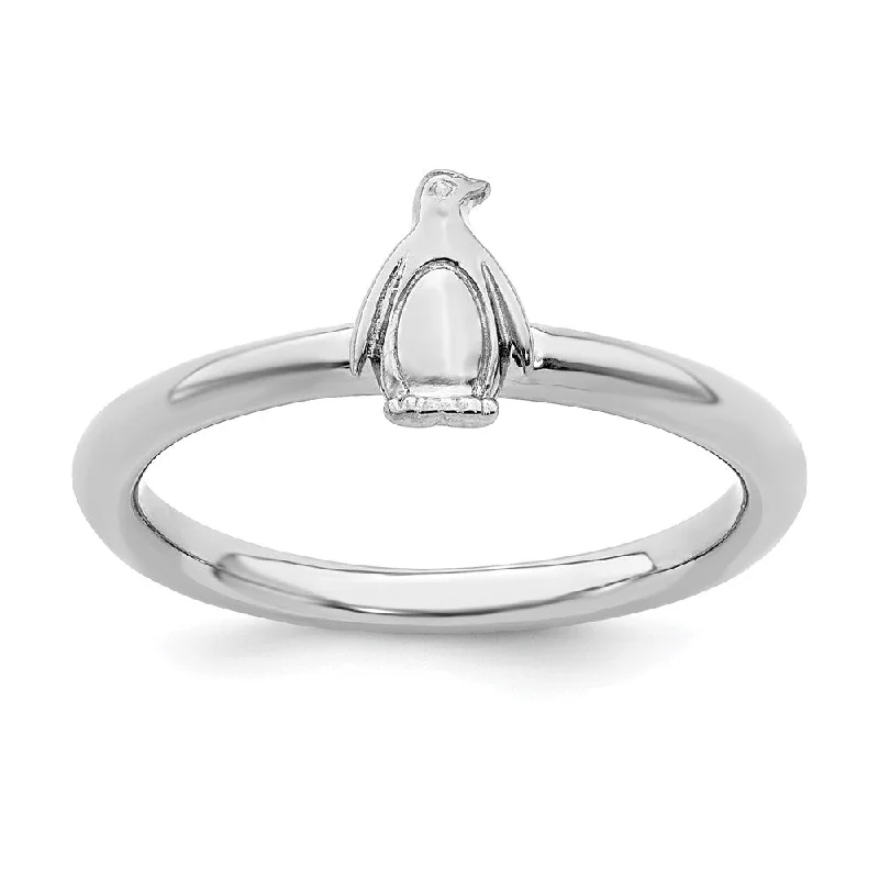 Modern Gold Rings-Rhodium Plated Sterling Silver Stackable Penguin Ring