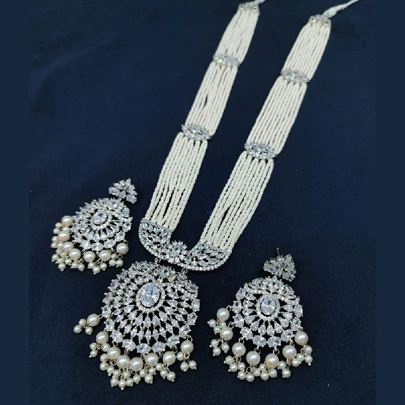 Trendy Chain Necklaces-Akruti Collection Silver Plated AD Stone And Pearls Necklace Set