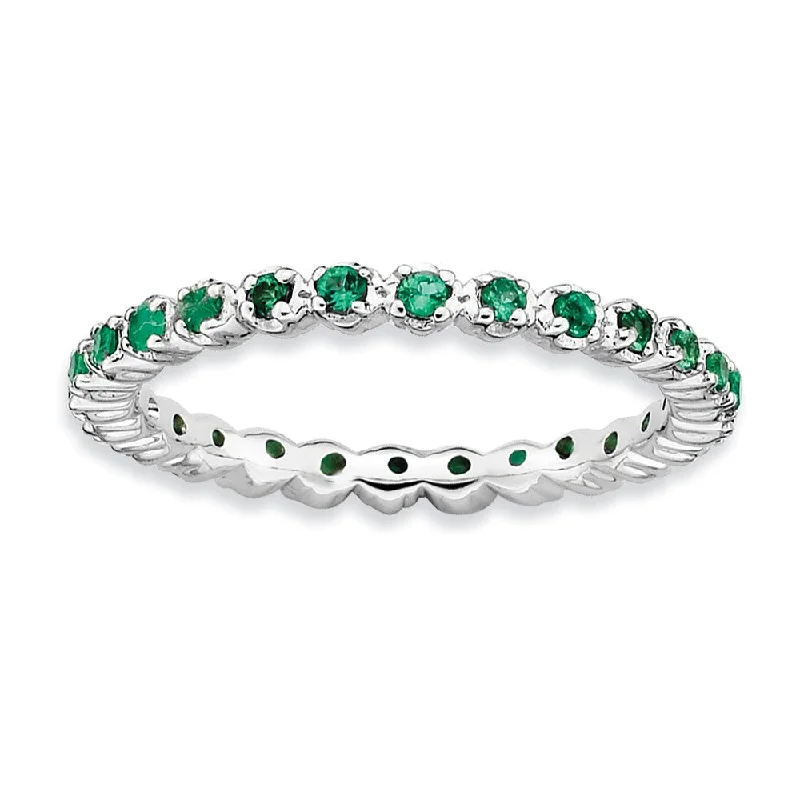 Simple Wedding Bands-2.25mm Sterling Silver Stackable Created Emerald Prong Set Band