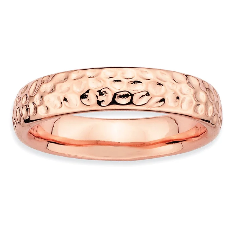 Classic Wedding Ring Sets-4.5mm Stackable 14K Rose Gold Plated Silver Hammered Band