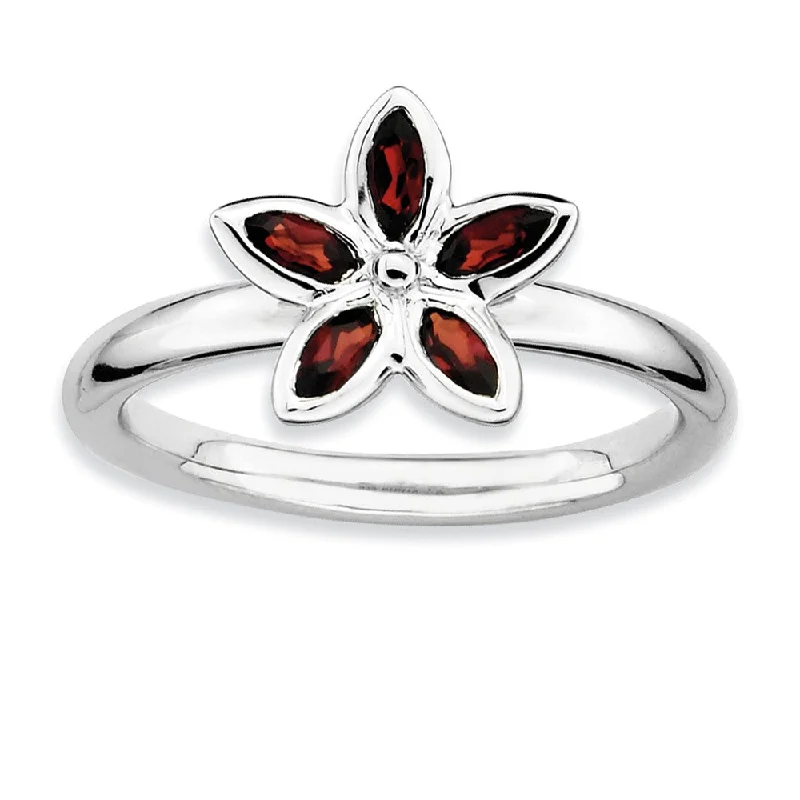 Custom Silver Rings-Sterling Silver Stackable Marquise Garnet Flower Ring