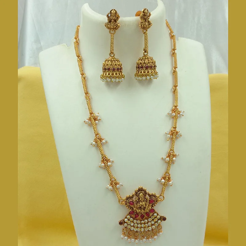 Sterling Silver Necklaces-Joyful Jewel Art Matte Gold Plated Kundan Stone Temple Necklace Set