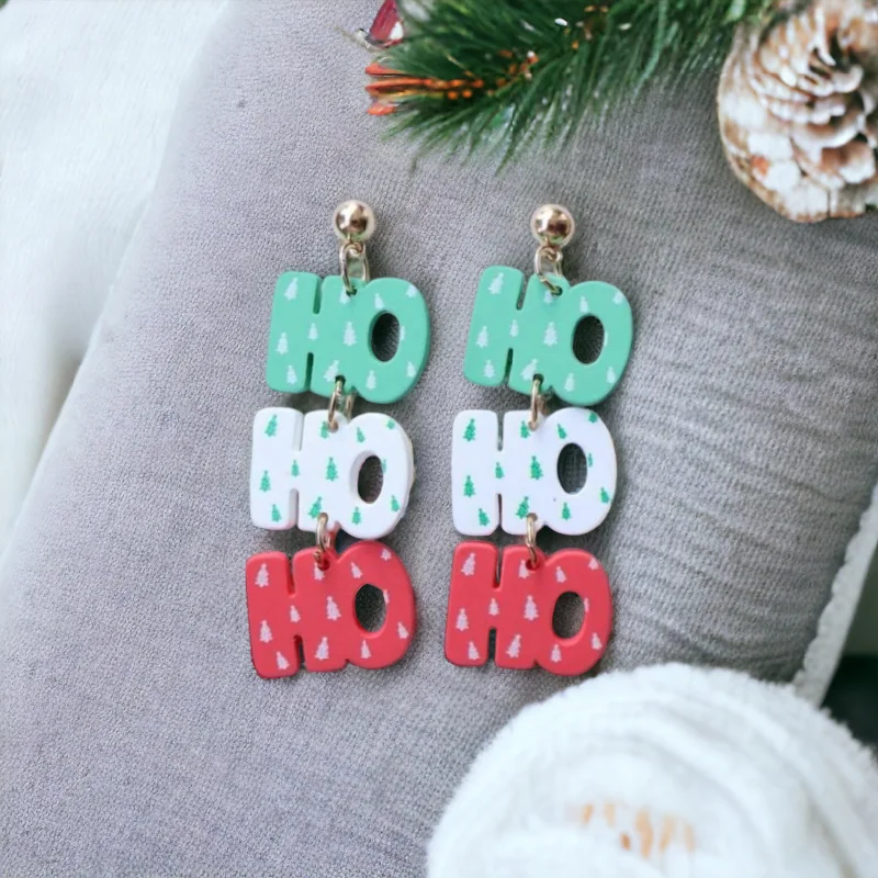 Bridal Earrings for Weddings-"Ho Ho Ho" Red, White, and Green Holiday Stud Drop Earrings