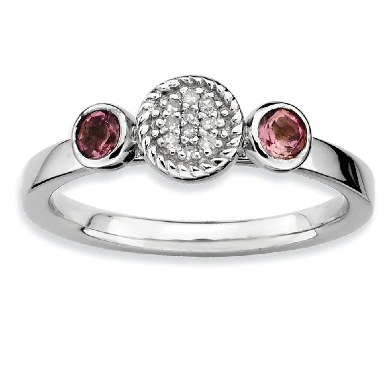 Customizable Diamond Rings-Sterling Silver Stackable Pink Tourmaline & .05 Ctw HI/I3 Diamond Ring