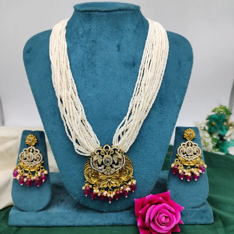 Unique Silver Necklaces-Akruti Collection Gold Plated AD Stone And Beads Necklace Set