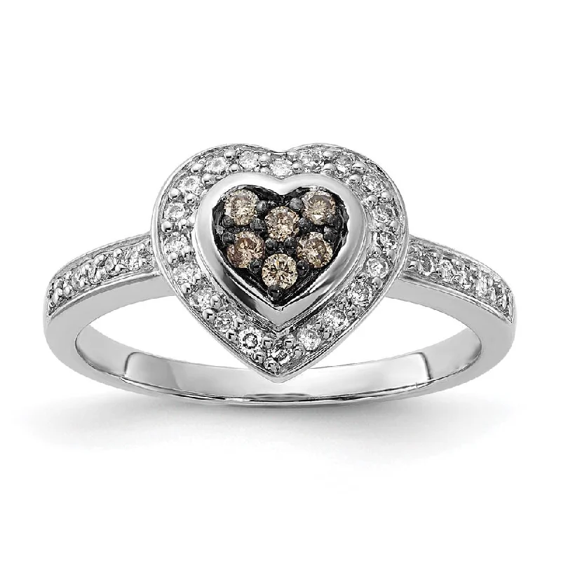 Handcrafted Engagement Rings-1/4 Ctw Champagne & White Diamond 10mm Heart Ring in Sterling Silver