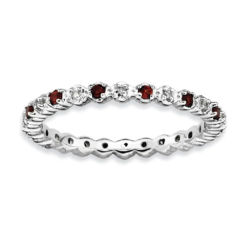 Modern Gold Wedding Bands-2.25mm Sterling Silver, Garnet & .04 Ctw Diamond Stackable Band