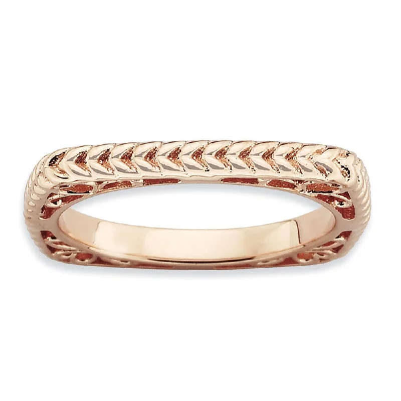 Stylish Gemstone Rings-Stackable 14K Rose Gold Plated Silver Square Wheat Band