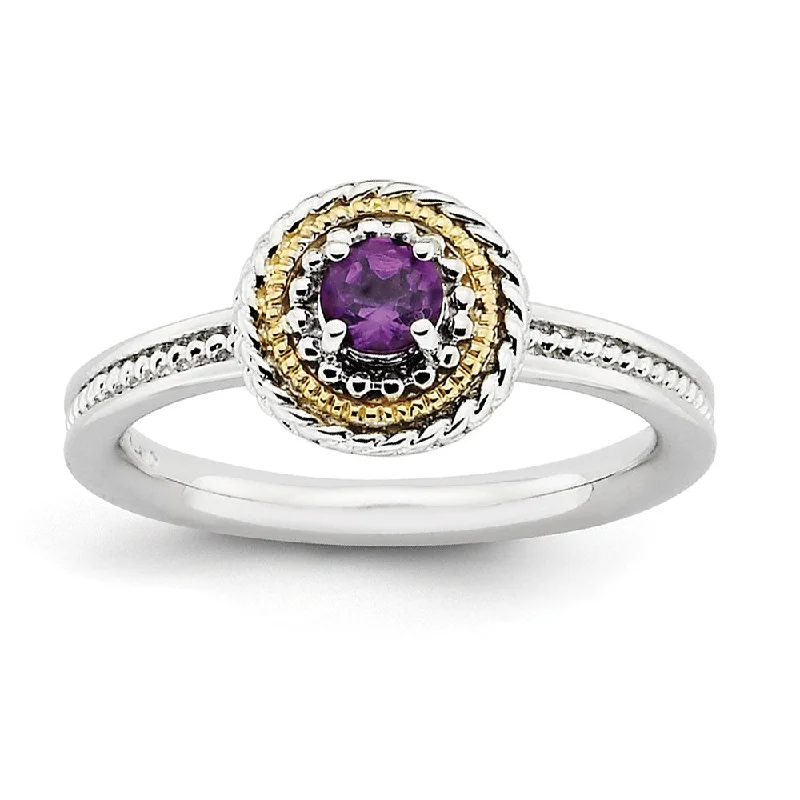 Stylish Solitaire Rings-Sterling Silver and 14k Gold Plated Stackable Amethyst Solitaire Ring