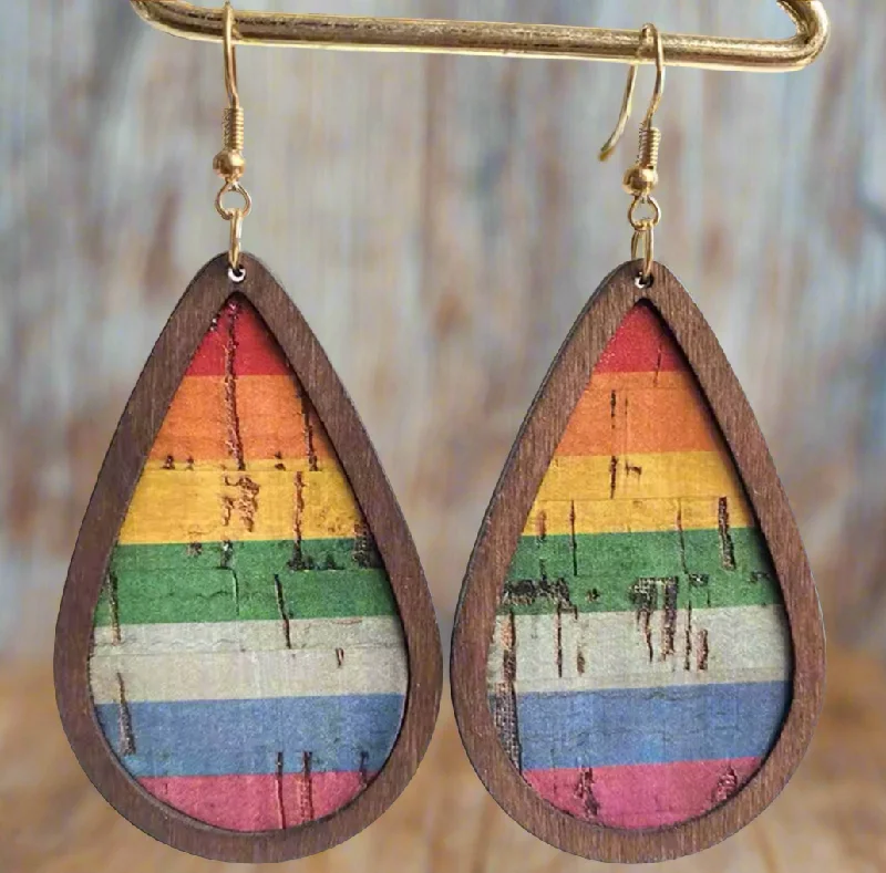 Vintage Style Earrings-Wooden Rainbow Drop Earrings