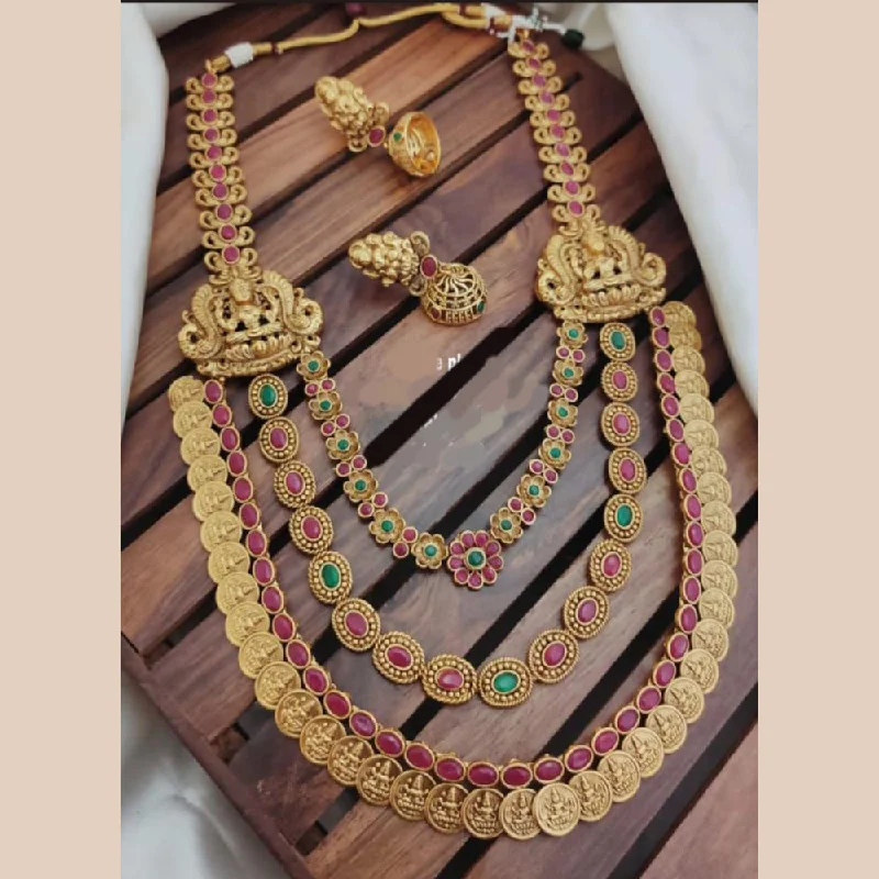 Colorful Pendant Necklaces-Sangita Creation  Copper Gold  Pota Stone Temple Long  Necklace Set