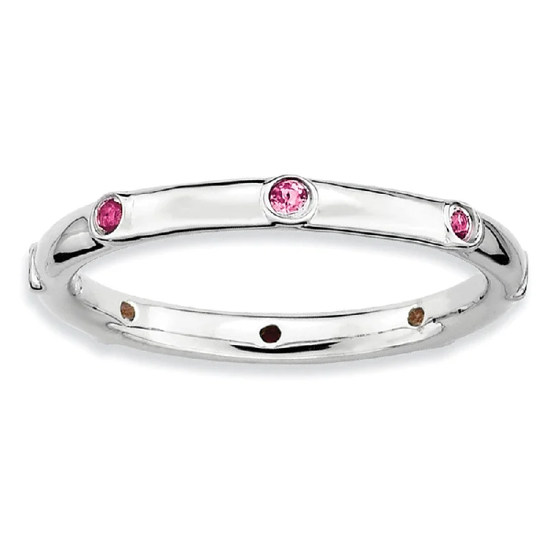 Elegant Engagement Rings-Sterling Silver Stackable Pink Tourmaline Accent 2.25mm Band