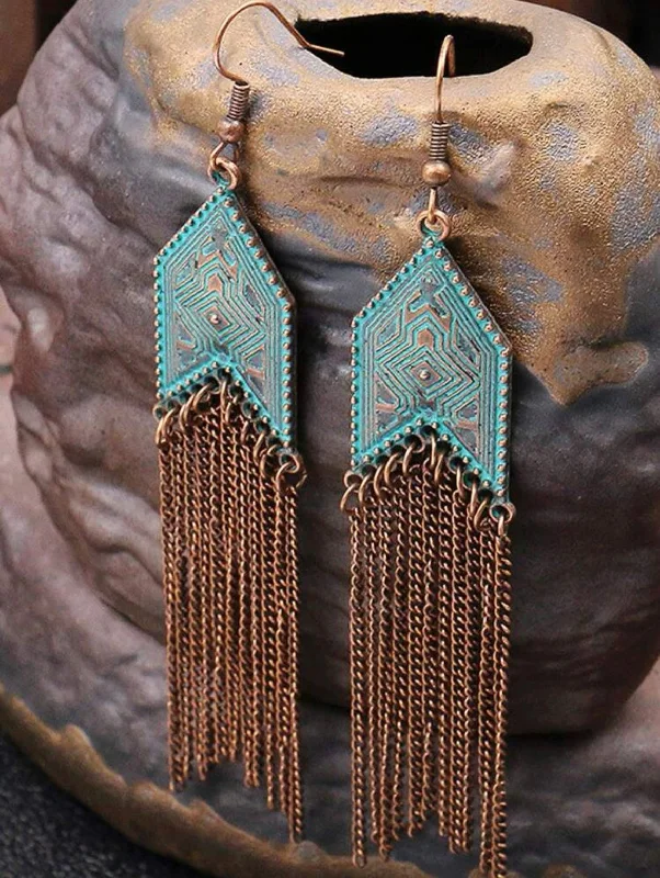 Artistic Earrings-Turquoise and Bronze Metal Tassel Earrings