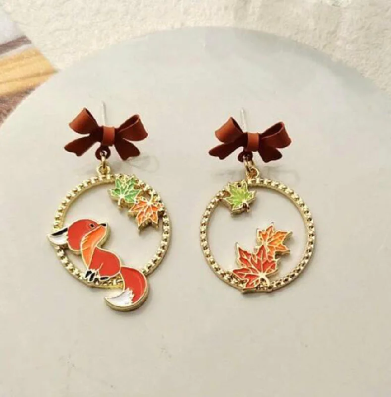 Long Dangle Earrings-Autumn Maple Leaf and Fox Earrings