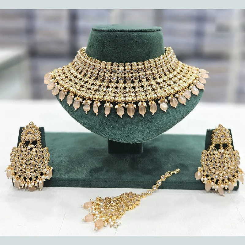 Elegant Gold Necklaces-Rajwadi Collection Gold Plated Crystal Stone And Pearls Choker Necklace Set