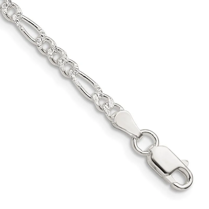 Dainty Gold Bracelets-Sterling Silver 3mm Pav‚ Flat Figaro Chain Bracelet