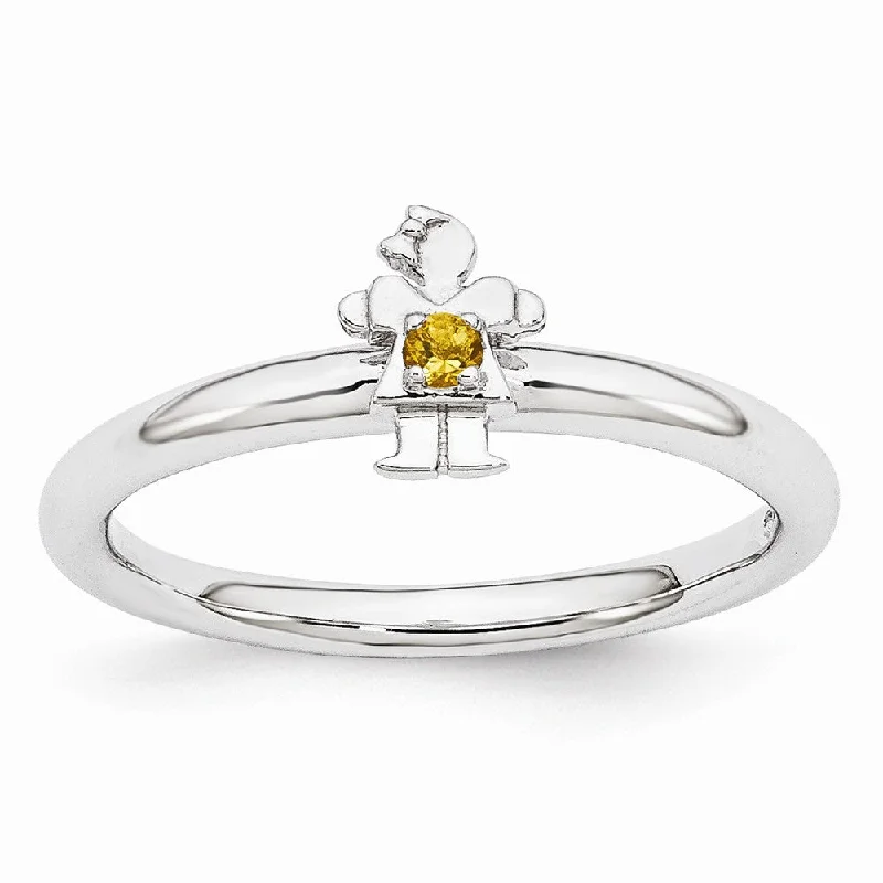 Luxury Gold Rings-Rhodium Plated Sterling Silver Stackable Citrine 7mm Girl Ring