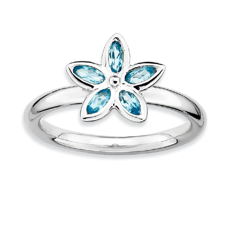 Personalized Silver Rings-Silver Stackable .44 Cttw Blue Topaz Flower Ring