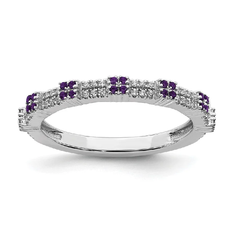 Designer Engagement Rings-2.5mm Rhodium Sterling Silver, Amethyst & Diamond Stackable Band