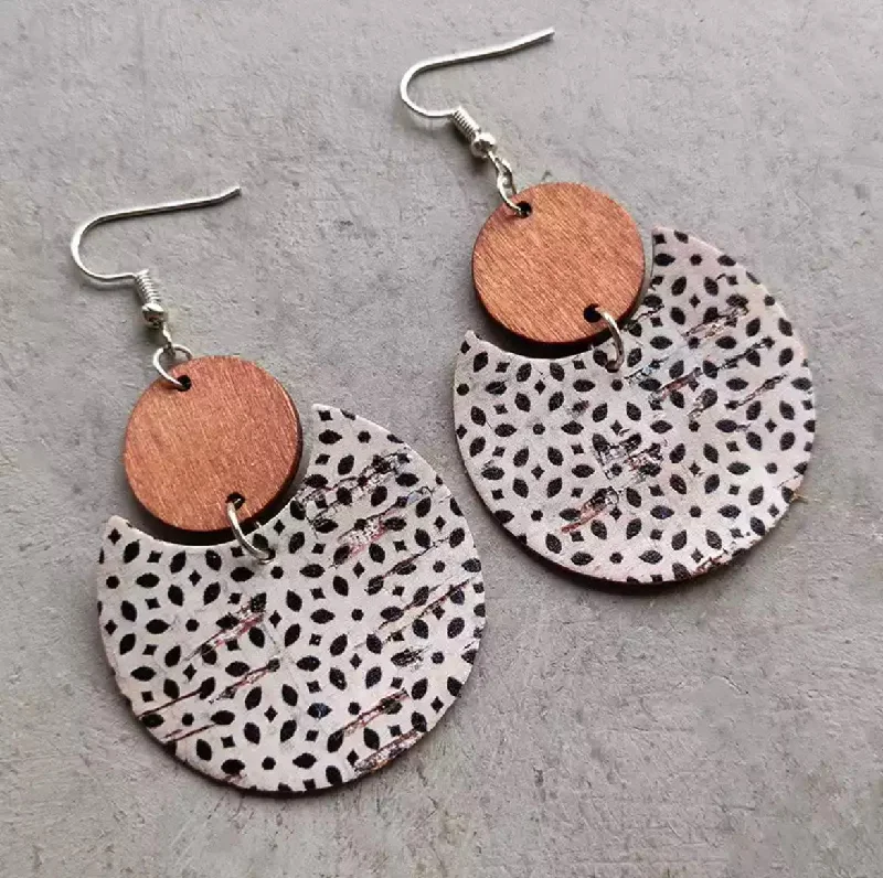 Affordable Silver Earrings-Round Black and White Wood and Cork Earrings