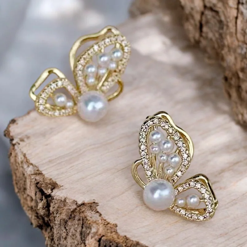 Classic Gold Earrings-Gorgeous Gold Butterfly Earrings with Pearl Accents