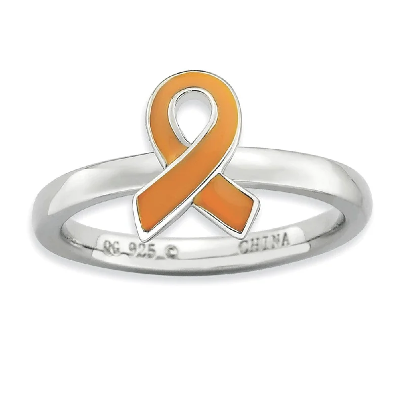 Stunning Gemstone Rings-Silver Stackable Orange Enamel Awareness Ribbon Ring