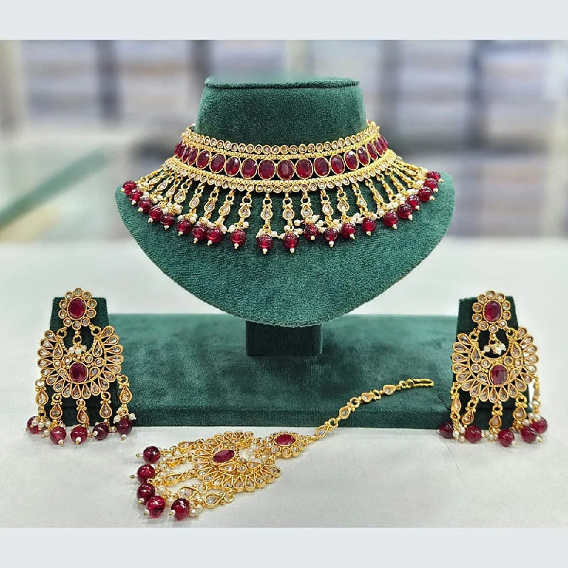 Chunky Statement Necklaces-Rajwadi Collection Gold Plated Crystal Stone And Pearls Choker Necklace Set