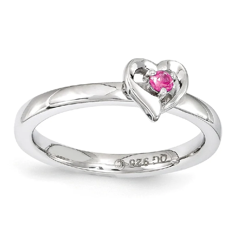 Custom Wedding Ring Sets-Sterling Silver Stackable Created Pink Sapphire 6mm Heart Ring