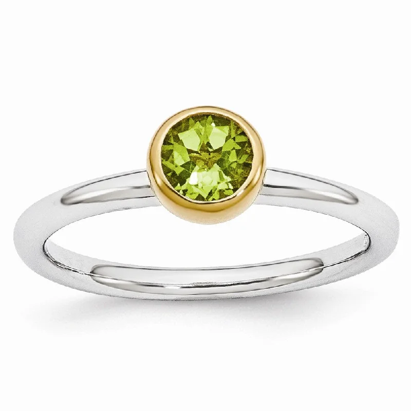 Unique Wedding Bands-Two Tone Sterling Silver Stackable 5mm Round Peridot Ring