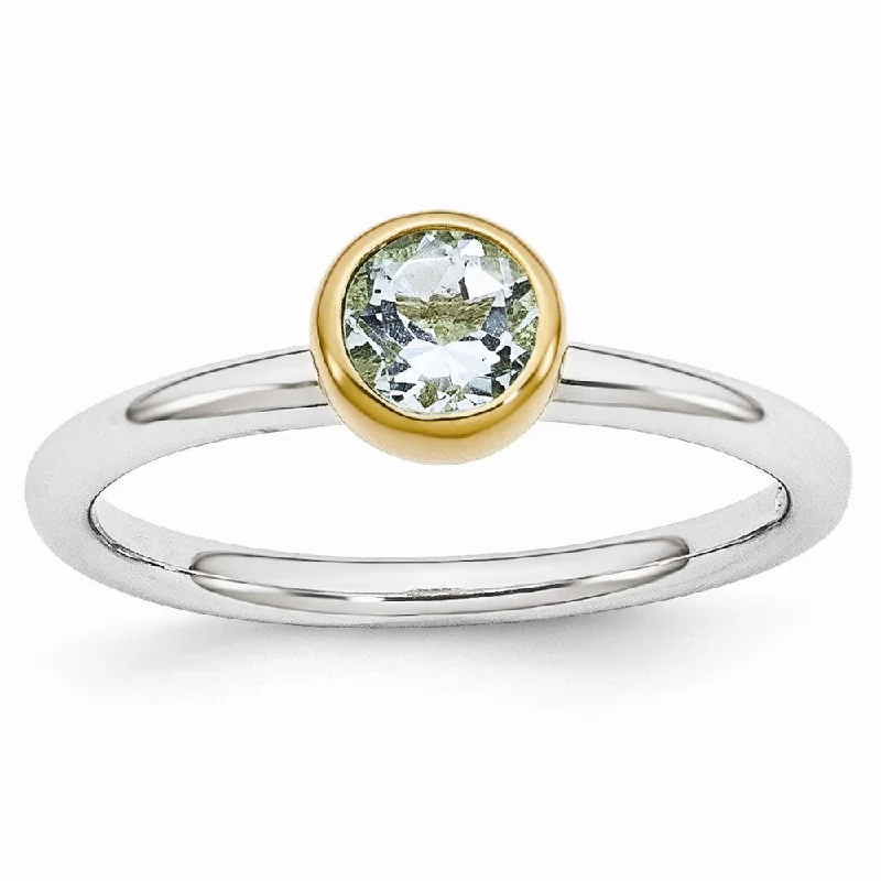 Elegant Gold Rings-Two Tone Sterling Silver Stackable 5mm Round Aquamarine Ring